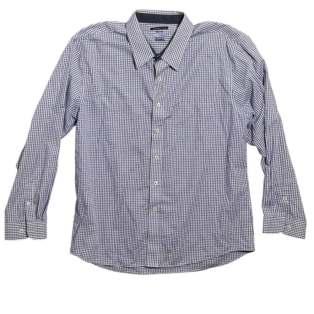 Van Heusen Studio Men's XXL Slim Fit Gingham Button Down Shirt Blue White Long‎